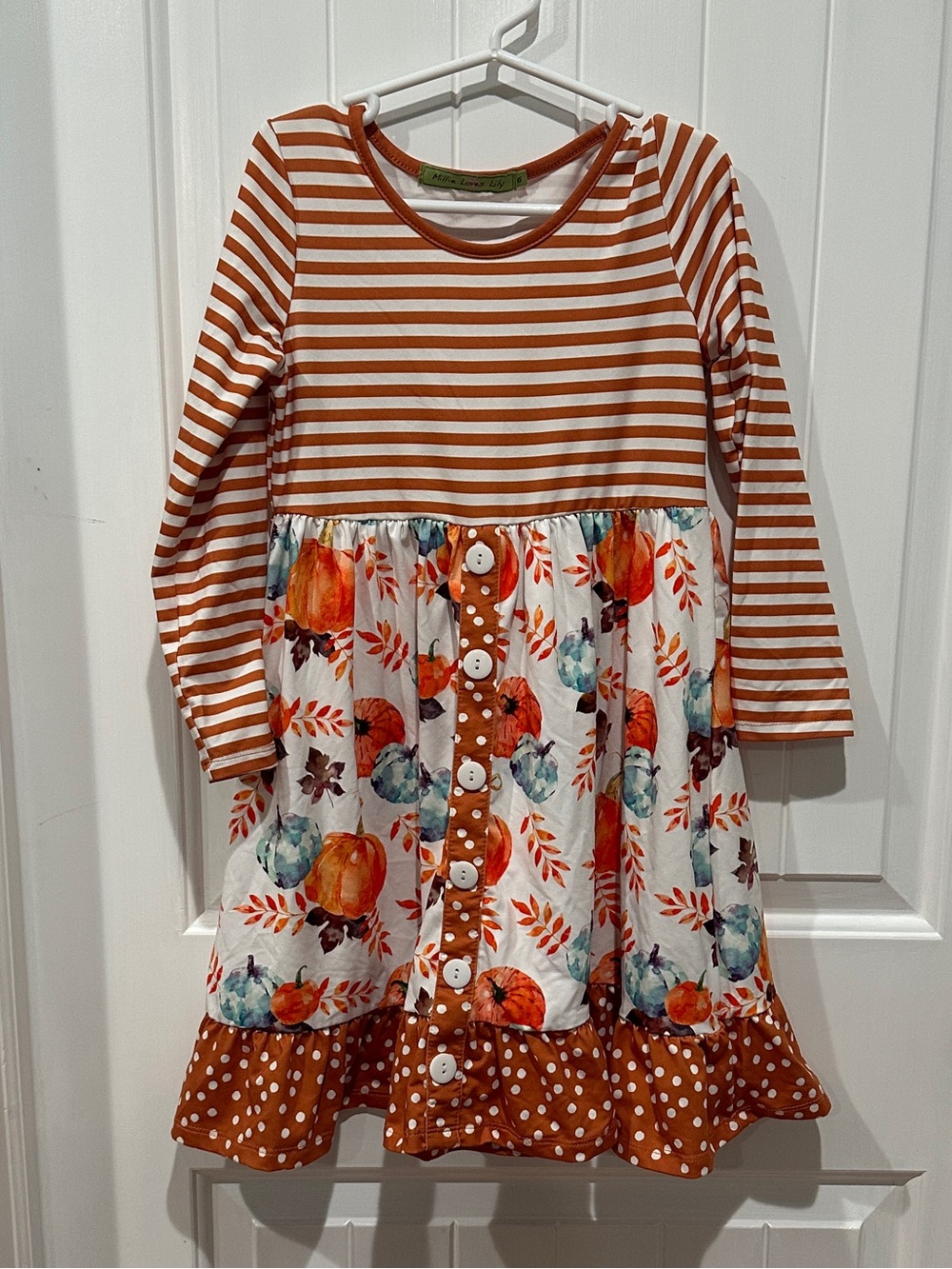 Girls Fall Orange Striped & Floral Button-Front Dress